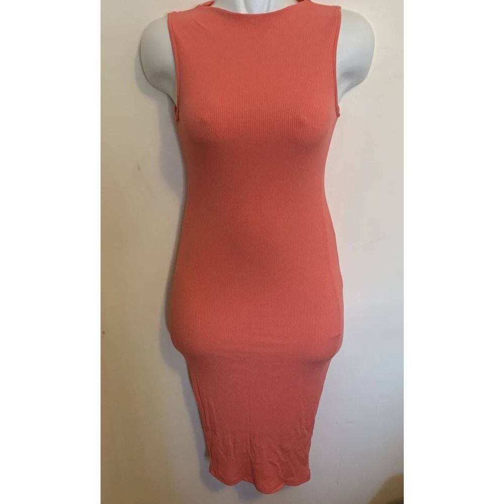 Black Bead Coral Color Ribbed Midi Tank Dress Size M